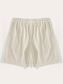 Calções Casuais Masculinos com Textura, Cintura com Cordão, Tecido Leve de Poliéster, Bolsos para Uso Diário, Praia ou Atividades ao Ar Livre | Calções com Cordão | Calções Leves