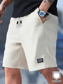 Calções Casuais Masculinos com Textura, Cintura com Cordão, Tecido Leve de Poliéster, Bolsos para Uso Diário, Praia ou Atividades ao Ar Livre | Calções com Cordão | Calções Leves